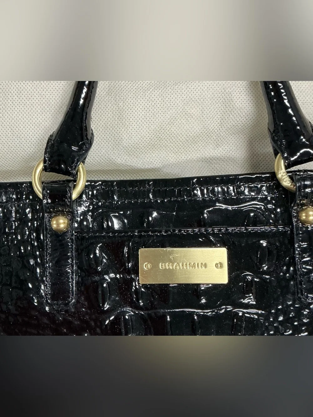 Brahmin Black Croc-Embossed Satchel with Gold Hardware L69-1008